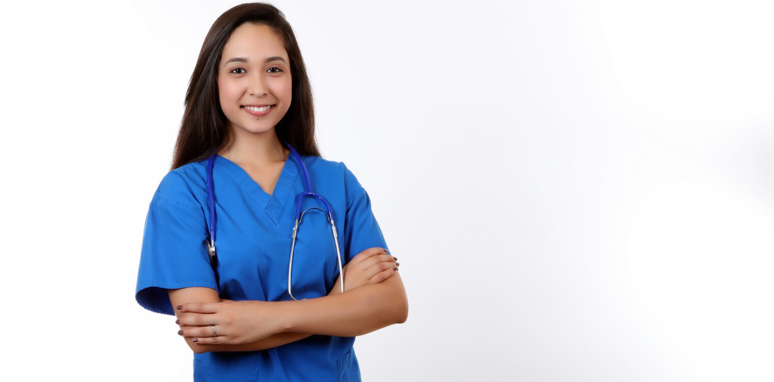 Friendly Medical Assistant in Blue Scrubs