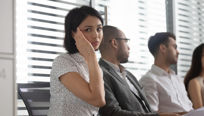 Stressed business woman feeling headache afraid before job interview
